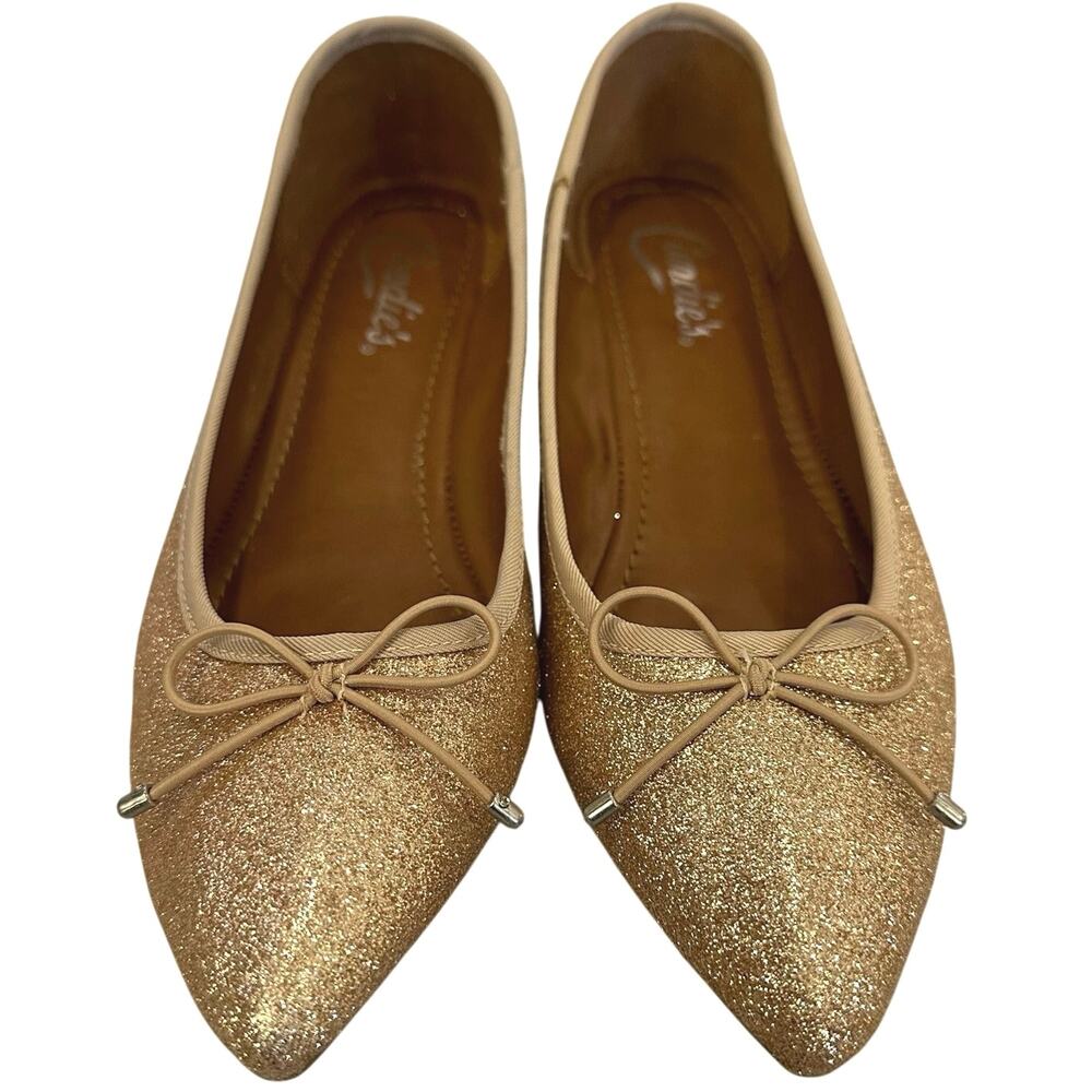 Candies Womens Size 9M Balero Ballet Flats Shoes Gold Glitter Bows Pointed Toe‎